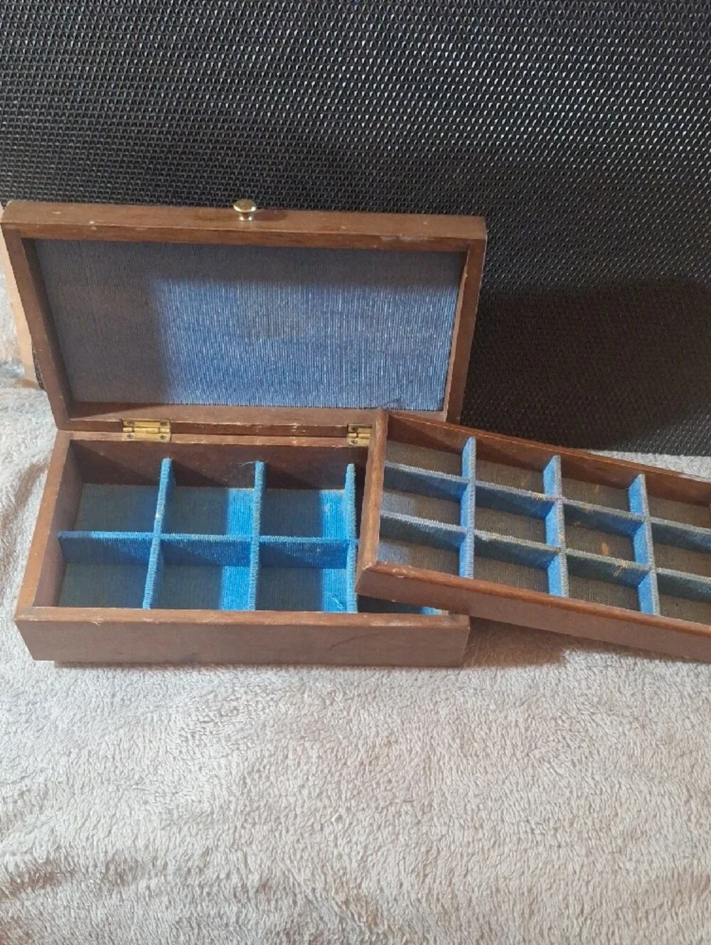 Vintage MCM Wooden Valet Box with Brass Button - Dark Brown
